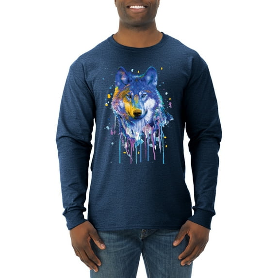 Wolf Painting Splatter Abstract Art Animal Lover Mens Long Sleeve Shirt, Vintage Heather Navy, Small
