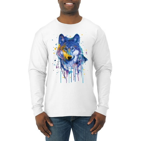 Wolf Painting Splatter Abstract Art Animal Lover Mens Long Sleeve Shirt, White, Large