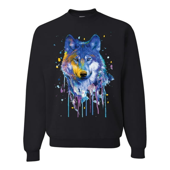 Wolf Painting Splatter Abstract Art Animal Lover Unisex Crewneck Graphic Sweatshirt, Black, Medium