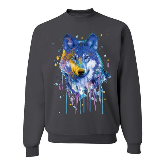 Wolf Painting Splatter Abstract Art Animal Lover Unisex Crewneck Graphic Sweatshirt, Charcoal, 2XL