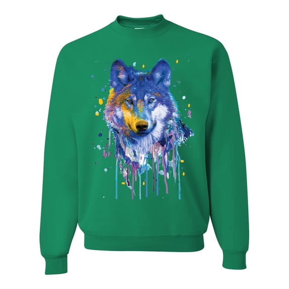 Wolf Painting Splatter Abstract Art Animal Lover Unisex Crewneck Graphic Sweatshirt, Kelly, Small