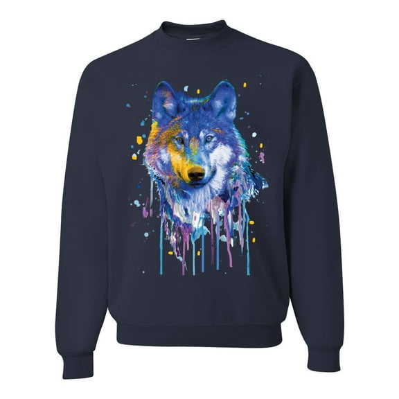 Wolf Painting Splatter Abstract Art Animal Lover Unisex Crewneck Graphic Sweatshirt, Navy, Small