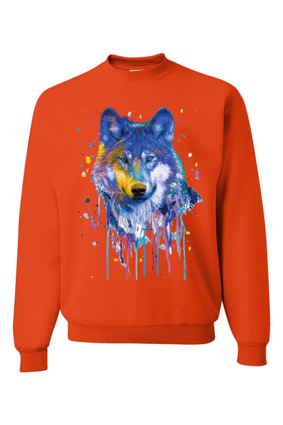 Wolf Painting Splatter Abstract Art Animal Lover Unisex Crewneck Graphic Sweatshirt, Orange, Large