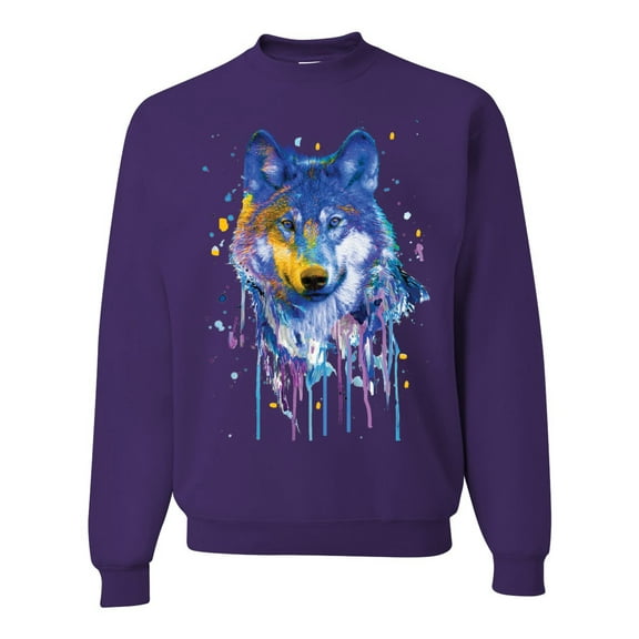 Wolf Painting Splatter Abstract Art Animal Lover Unisex Crewneck Graphic Sweatshirt, Purple, 2XL