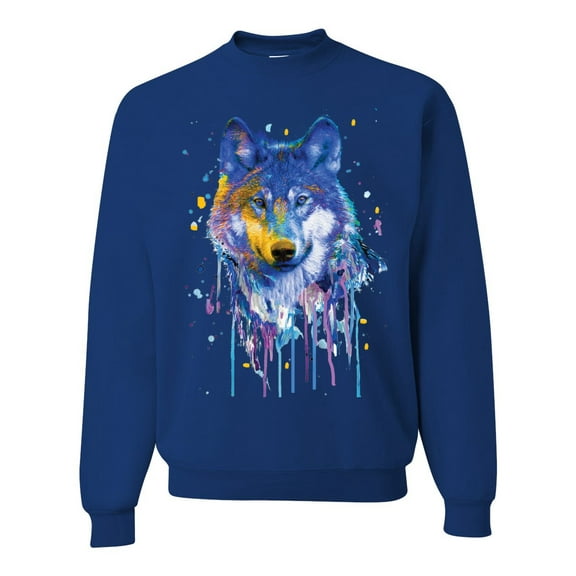 Wolf Painting Splatter Abstract Art Animal Lover Unisex Crewneck Graphic Sweatshirt, Royal, Small