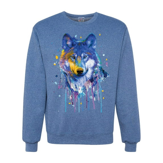 Wolf Painting Splatter Abstract Art Animal Lover Unisex Crewneck Graphic Sweatshirt, Vintage Heather Blue, Medium