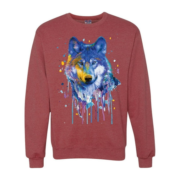 Wolf Painting Splatter Abstract Art Animal Lover Unisex Crewneck Graphic Sweatshirt, Vintage Heather Red, Large