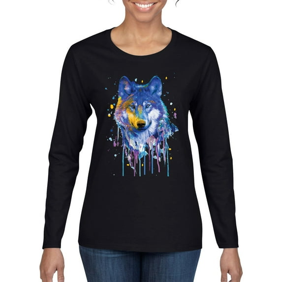 Wolf Painting Splatter Abstract Art Animal Lover Womens Graphic Long Sleeve T-Shirt, Black, Small