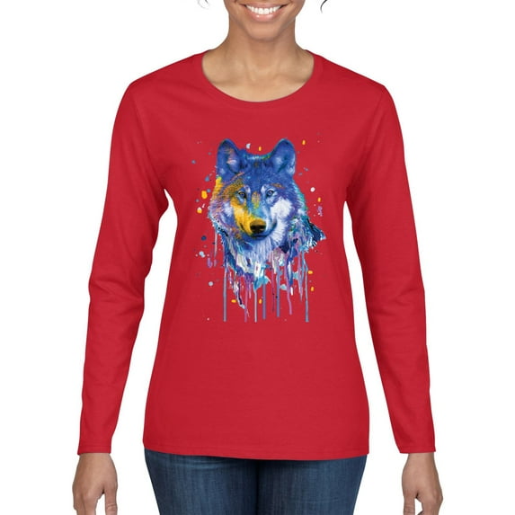 Wolf Painting Splatter Abstract Art Animal Lover Womens Graphic Long Sleeve T-Shirt, Red, Small