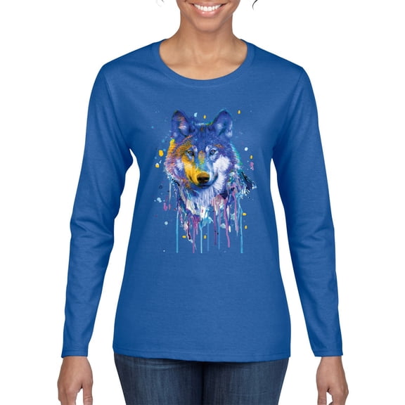 Wolf Painting Splatter Abstract Art Animal Lover Womens Graphic Long Sleeve T-Shirt, Royal, Medium