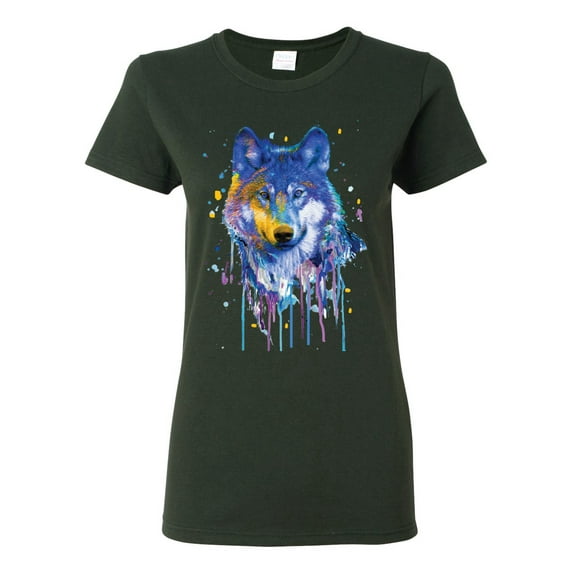 Wolf Painting Splatter Abstract Art Animal Lover Womens Graphic T-Shirt, Forest Green, 2XL