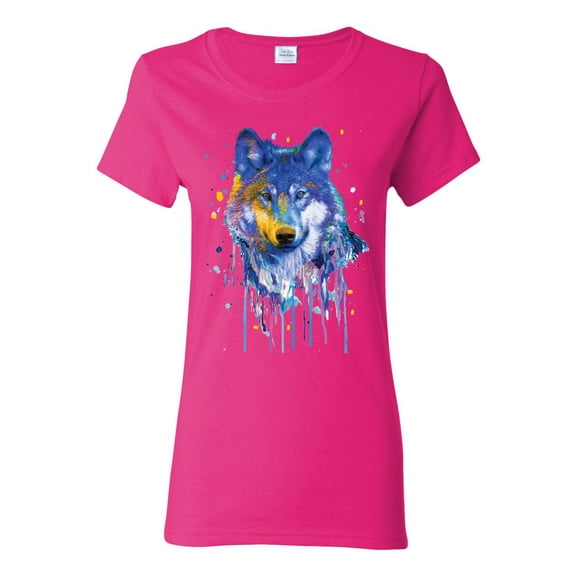 Wolf Painting Splatter Abstract Art Animal Lover Womens Graphic T-Shirt, Fuschia, Small