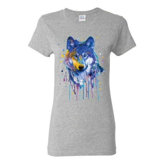 Wolf Painting Splatter Abstract Art Animal Lover Womens Graphic T-Shirt, Heather Grey, X-Large