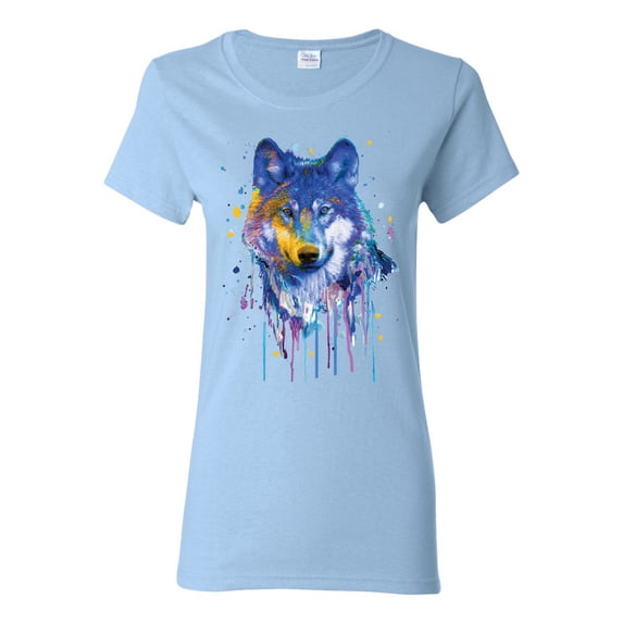 Wolf Painting Splatter Abstract Art Animal Lover Womens Graphic T-Shirt, Light Blue, X-Large
