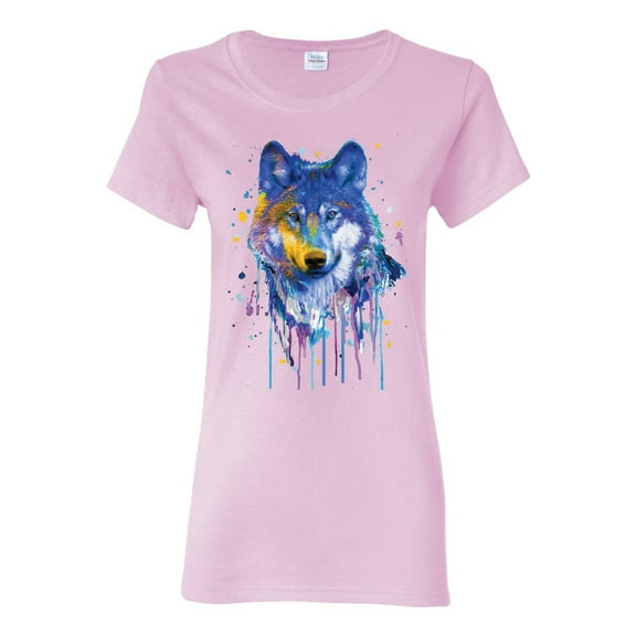 Wolf Painting Splatter Abstract Art Animal Lover Womens Graphic T-Shirt, Light Pink, 3XL