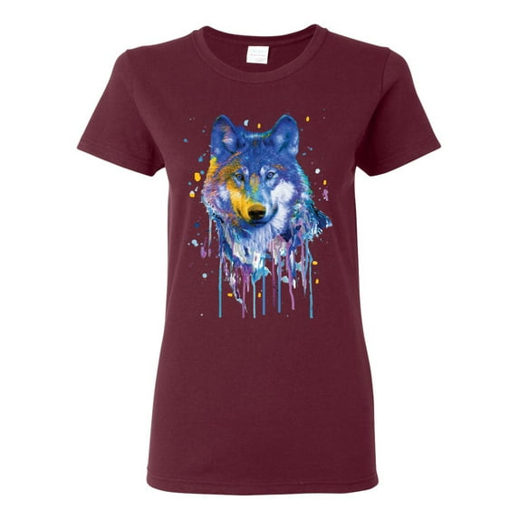Wolf Painting Splatter Abstract Art Animal Lover Womens Graphic T-Shirt, Maroon, X-Large
