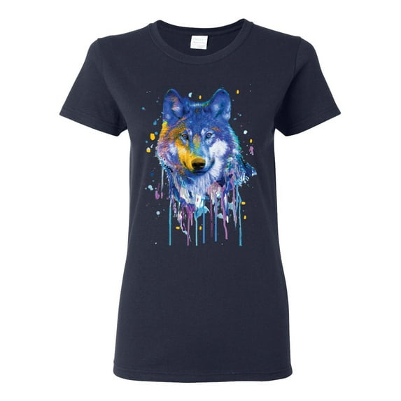 Wolf Painting Splatter Abstract Art Animal Lover Womens Graphic T-Shirt, Navy, 2XL