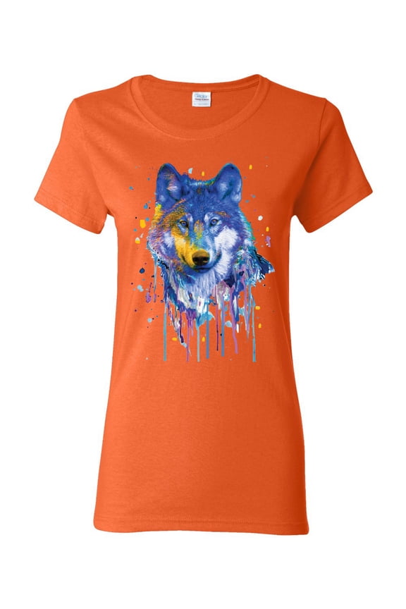 Wolf Painting Splatter Abstract Art Animal Lover Womens Graphic T-Shirt, Orange, Large