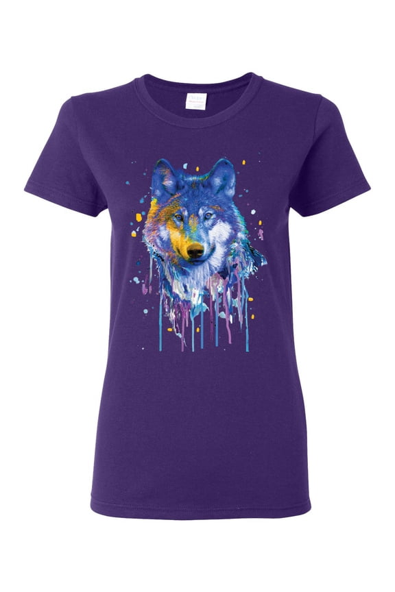 Wolf Painting Splatter Abstract Art Animal Lover Womens Graphic T-Shirt, Purple, 3XL