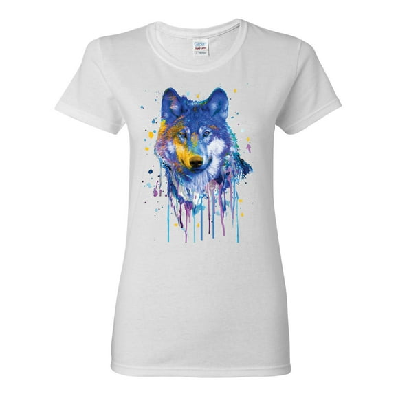 Wolf Painting Splatter Abstract Art Animal Lover Womens Graphic T-Shirt, White, Medium