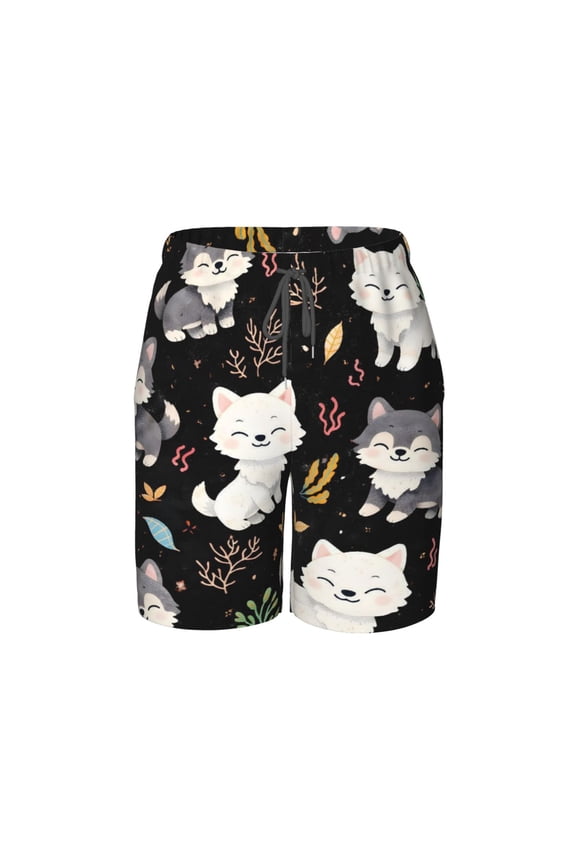 Wolf Pattern Beach Pants Lightweight and Quick-Drying Teen Shorts with Mesh Lining and Drawstring