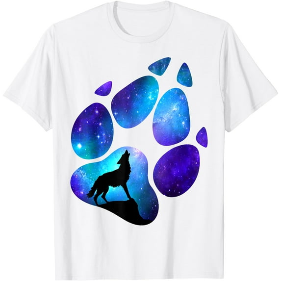 Wolf Paws Galaxy Wild Lone Wolves Stars Moon Wolf Unisex T-Shirt for Men Women Kids Toddler,White Color,Size 4XL