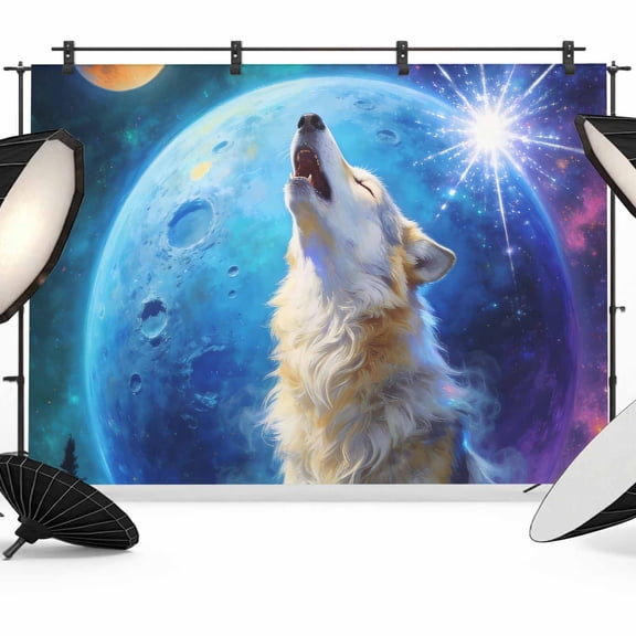 Wolf Photography Backdrop 7x5FT, Watercolor Roaring Wolf Fantasy Universe Planet Forest Tree Photo Backdrops, Background for Photography Studio Photo Studio Background, Back Drop for Photoshoot