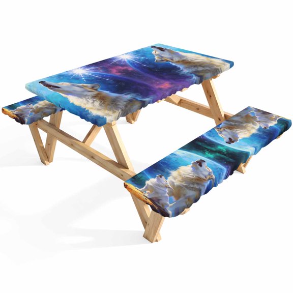 Wolf Picnic Table Cover with Bench Covers Watercolor Roaring Wolf Fantasy Universe Planet Forest Tree Waterproof Fitted Picnic Tablecloth 3 Pieces Set Table Cloth for Outdoor Camping Garden BBQ