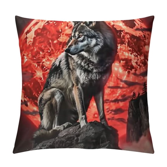 Wolf Pillow Covers Exotic Red White Moon Decor Cushion Covers for Kids Teens Adults Abstract Wild Jungle Animal Print Pillow Cases for Living Room Chairs
