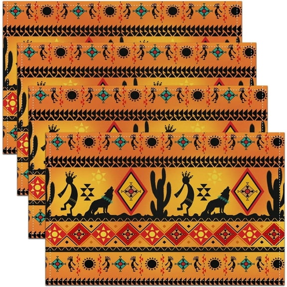 Wolf Place Mats 12x18 Aztec Table Mats, Southwestern Native Ethnic Tribal Arrow Placemats Set of 4 Western Boho Waterproof Placemats,Exotic Nordic Style Wild Animals Bohemian Decor, Orange