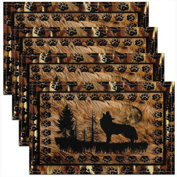 Wolf Placemats for Dining Table Set of 4 Farmhouse Wild Animals Footprints Washable Fabric Table Mats Placemat Cow Fur Table Mats Rustic Cabin Country Brown Black PlacematsRoom 18"x12"