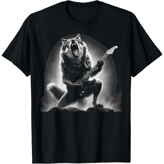 Wolf Playing Guitar Rock and Roll Rock Star Men, Women, T-Shirt Tops Tee