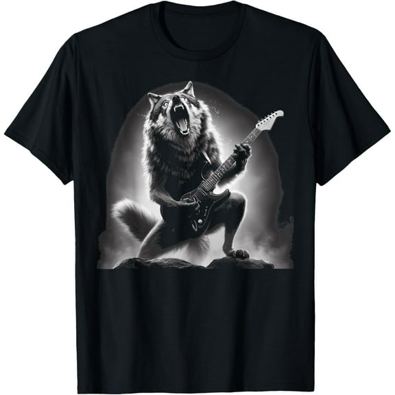 Wolf Playing Guitar Rock and Roll Rock Star Men, Women, T-Shirt Tops Tee