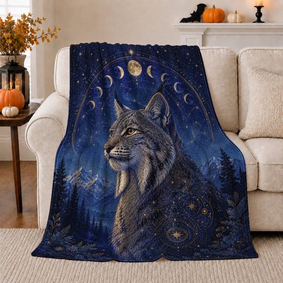 Wolf Portrait with Moon Phases and Stars, Mystical Rustic Style for Wildlife Lovers, Celestial Forest Motif and Father's Day Gift, Warm Flannel Blanket for Cabin and Bedroom, Home Decor