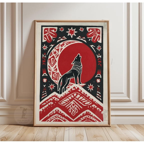 Wolf Poster, Folk Art Print, Moon Night Wall Art, Mountain Animal, Poster Only