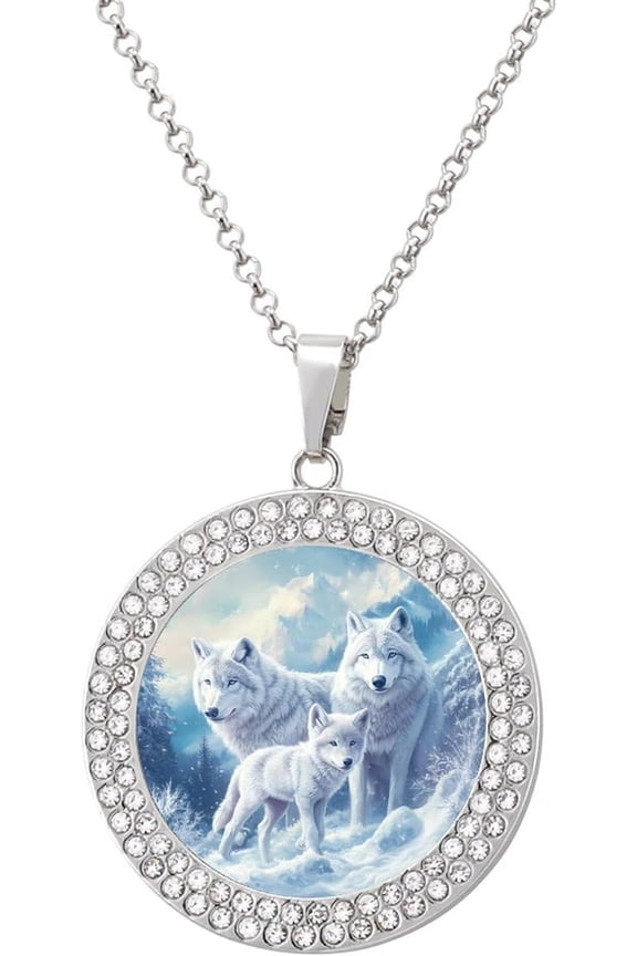 Wolf Premium Wolves in Winter Snowy Mountains Womens Necklaces Inlaid Crystal Round Alloy Pendant Necklace Little Gift Jewelry[u273]