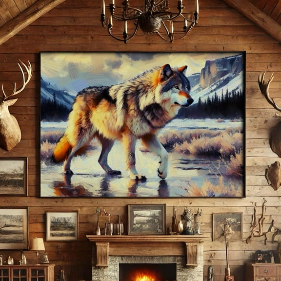 Wolf Print, Mountain Cabin Decor, Hunting Lodge, Wolf Wall Art, Yellowstone Park Wolf, Wolf, Large Wolf #3024, Stretched Canvas Size 12x18