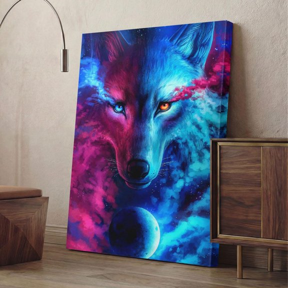 Wolf Print Neon Space Wall Art Cosmic Animal Decor Mystical Night Sky Poster, Stretched Canvas 8x10in
