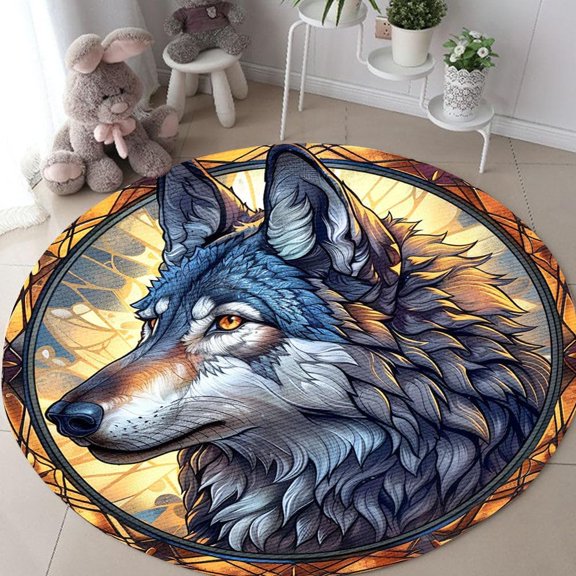 Wolf Print Round Area Rug, modern forest animal circle carpet for bedroom, gaming room or living room, soft washable non-slip floor mat, boho wilderness home décor accent