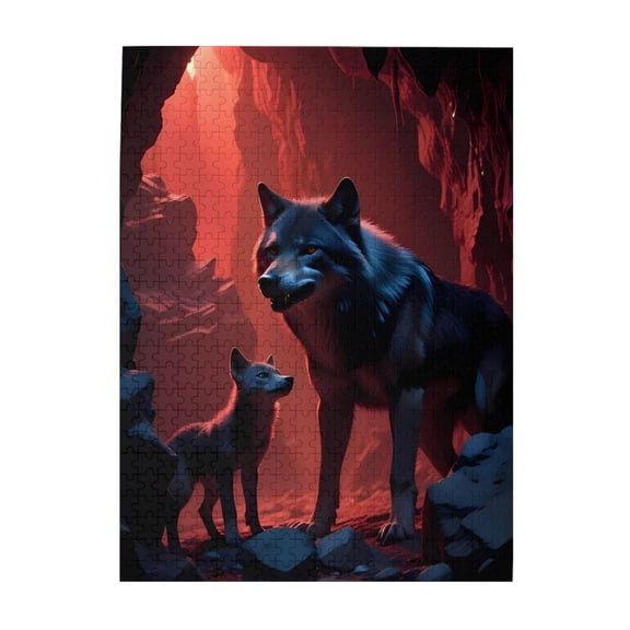 Wolf Pup Cavern Glow Den 500-Piece Wooden Jigsaw Puzzle for Adults, Fun & Challenging Family Game, Stylish Wall Decor & Holiday Gift