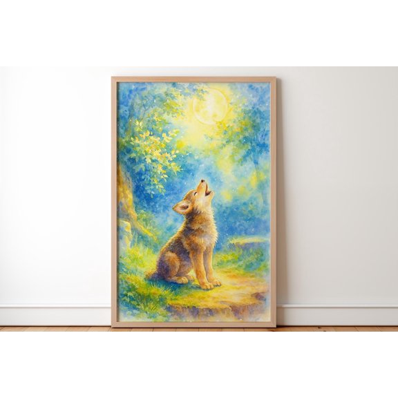 Wolf Pup Howling At Moon Wall Art Whimsical Animal Dreamy Print Cute Wildlife Artwork Gift For Him Her