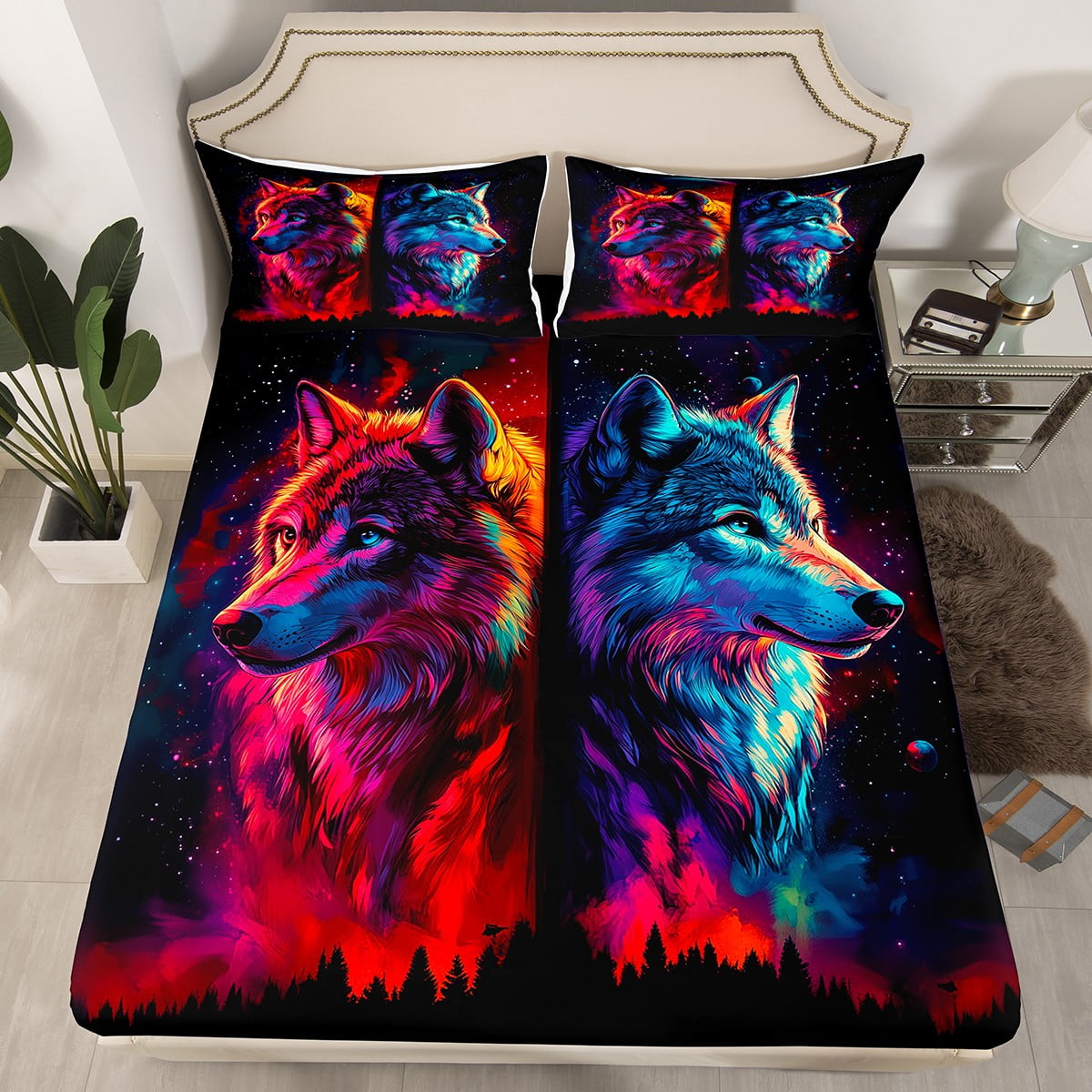 Wolf Queen Fitted Sheet Watercolor Animals Bed Sheets Teens Men Outer wolf-queen-fitted-sheet-watercolor-animals-bed-sheets-teens-men-outer