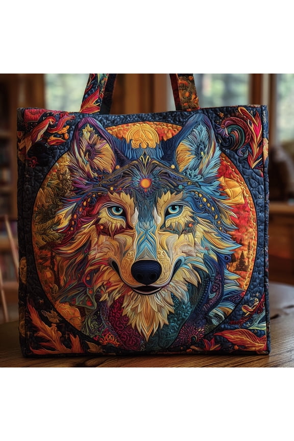 Wolf Quilted Tote Bag, Rustic Carryall for Outdoor Enthusiasts