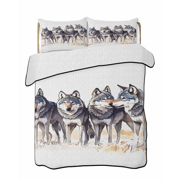 Wolf Quilts Bedding Set Queen Size Watercolor Wolf Lightweight Quilted Bedspread 3 Piece Bed Quilt with 2 Pillow Shams All Season for Bedroom 78" x 90"