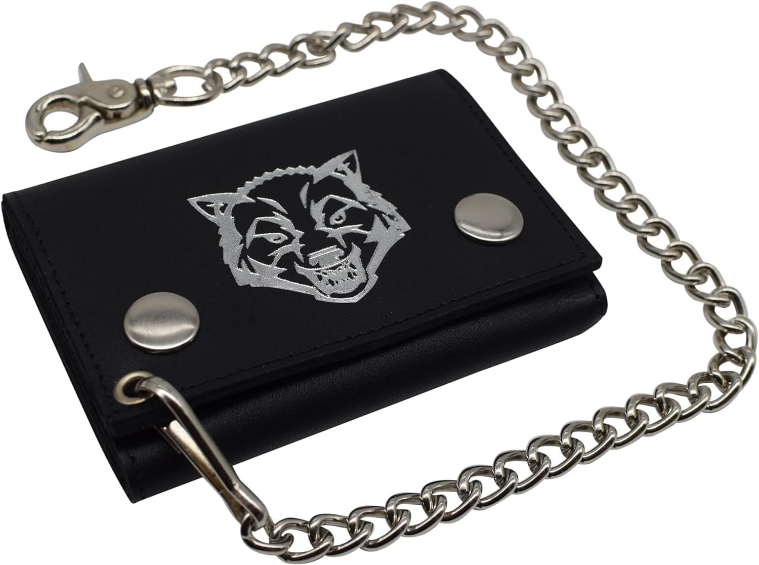 Wolf RFID Blocking Trifold Biker Men's Genuine Leather Steel Chain Wallet Snap closure Wolf