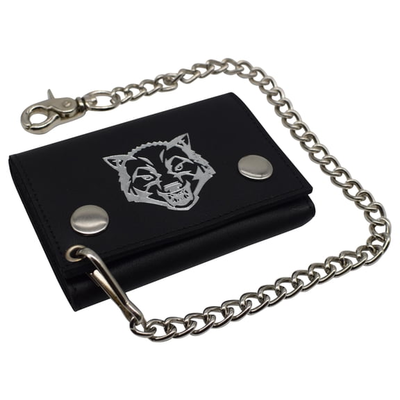 Wolf RFID Blocking Trifold Biker Men's Genuine Leather Steel Chain Wallet Snap closure Wolf