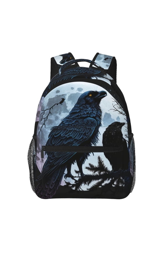 Wolf Raven Moonlight Moon Night Backpack Casual College Bag Zipper Laptop Daypack Hiking Rucksack Travel