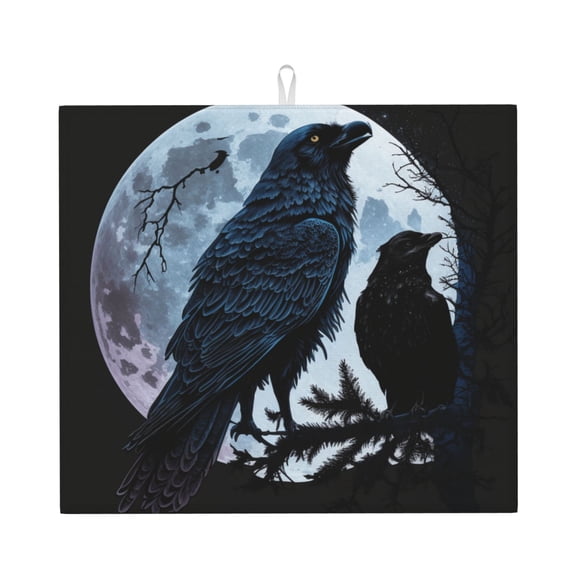 Wolf Raven Moonlight Moon Night Kitchen Drying Mat 18x16 Inch Ultra Absorbent Countertop Mat Foldable with Hanging Loop
