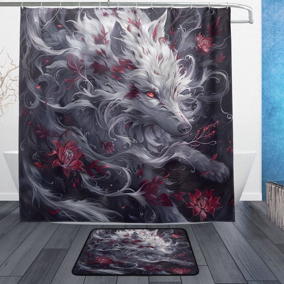Wolf Red Flower Bathroom Accessory Sets Waterproof Shower Curtain with Absorbent Non-Slip Rug