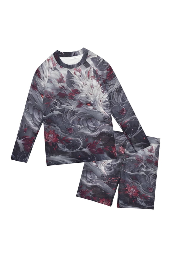 Wolf Red Flower Boys' Bathing Suit UPF 50+ Boys' Rash Guard Sets Stretchy Quick Dry 3T-10T